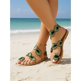 Women's Boho Peacock Embroidered Flat Sandals - Artistic Gladiator Thong Sandals with Ankle Strap, Comfortable Summer Beach Shoes for Tropical Vacations, Islan