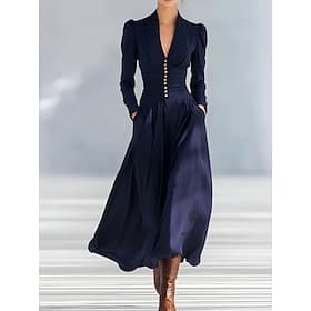 Damen Maxikleid Baumwoll-Leinenkleid Elegant Mode Täglich Outdoor Urlaub Schlank Einfach Langarm V Ausschnitt Schwarz Weiß Wein Marineblau Frühling Herbst