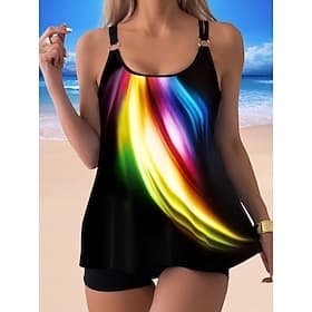 Damen Badeanzug Tankini Zweiteilig Shorts Bademode Bauchkontrolle Hohe Taille Schlank Rückenfrei Urlaub Strandbekleidung Ombre U-Ausschnitt Ärmellos Badeanzüge