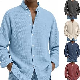 Men's Shirt Waffle Shirt Casual Shirt Button Up Shirt Blue Black White Wine Navy Blue Long Sleeve Plain Lapel Casual Daily Clothing Apparel Fashion Streetwear
