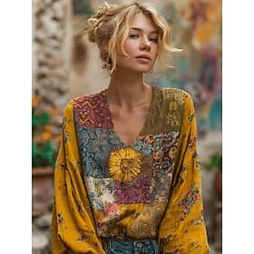 Women's Shirt Linen-feel Shirts Patchwork Buttons Print Floral Elegant Bohemia Tropical Long Sleeve V Neck Regular Tops Daily Holiday Yellow Light Blue Spring