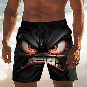 Herren Optische Täuschung 3D Zeichentrick Wütendes Gesicht Badehosen Badeshorts Boardshorts Mittlere Taille Hawaiianisch Lustig Strandurlaub Seitentaschen Netz