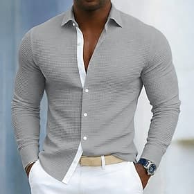 Men's Shirt Waffle Shirt Casual Shirt Band Collar Shirt Button Up Shirt Pink Sky Blue Gray Long Sleeve Plain Mandarin Collar Casual Daily Patchwork Clothing Ap