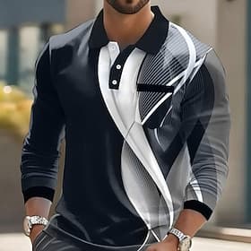 Men's Geometric Line Polo Long Sleeve Polo Shirts Collared Shirts Business Casual Business Athleisure Daily Wear Pocket 3D Print Buttons Spring Fall Winter Bla