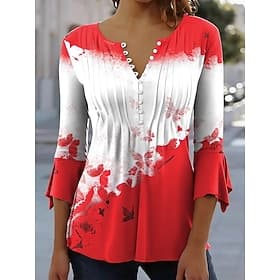 Women's T-Shirt Ombre Graphic Butterfly Elegant 3/4 Length Sleeve Crew Neck Long Tops Daily Going out Ruffle Buttons Black Red Purple Brown Spring Fall