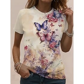 Dames T-shirt Afdrukken Grafisch dier Vintage Stijlvol Klassiek Korte mouw Strakke ronde hals Ronde hals Normale tops Dagelijks Weekend Geel Lichtgroen Regenbo