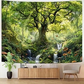 Enchanted Forest Waterfall Tapestry Magical Mushroom Butterfly Nature Landscape Wall Hanging Fairy Tale Woodland Art For Living Room Bedroom Home Decor