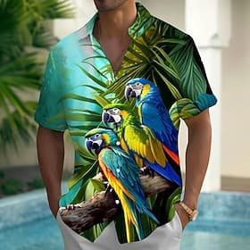 Men's Bird Parrot Tropical Plants Summer Hawaiian Shirt Button Up Shirt Aloha Shirt Short Sleeve Hawaiian Casual Vacation Summer Spring Turndown 3D Print Colla