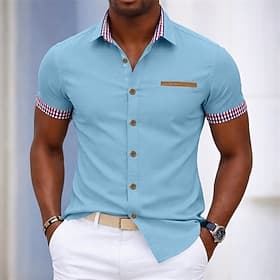 Herren Hemd Kleidhemd Knopfhemd Farbblock Täglich Geschäft Hellblau Schwarz Weiß Grau Kurzarm Umlegekragen Sommer Bekleidung Patchwork