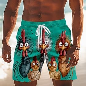 Homme Dessin animé Poussin Poulets frisés Maillots de bain Shorts de bain Shorts de Surf Taille Moyenne Hawaïen Drôle Vacances à la Plage Poches Latérales doub