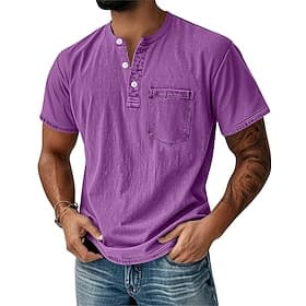 Men's Henley Shirt 100% Cotton Acid Wash Shirt T shirt Tee Short Sleeve Retro Vintage Casual Distressed Vintage Style Washed Henley Casual Summer Spring Fall B