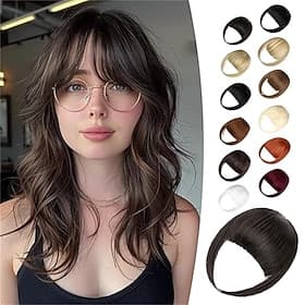 Frange à clip, frange naturelle à clipser, frange française noire et brune avec mèches sur les tempes, extensions de frange à clipser pour femme, frange incurv