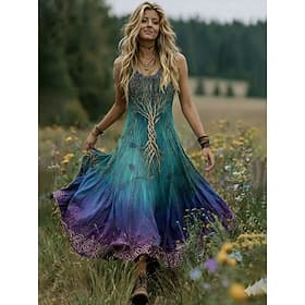 Women's Midi Dress Boho Casual Dress Swing Dress Summer Dress Dress Vintage Beach Regular Fit Ombre Graphic Sleeveless Crew Neck V Neck Blue Purple Summer Spr