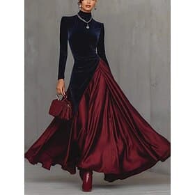 Damen Maxikleid Satinkleid Partykleid Schwingkleid Elegant Mode Modern Outdoor Urlaub Ausgehen Normale Passform Farbblock Langarm Hoher Ausschnitt Rote Frühlin