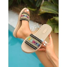 sandali bassi da donna con zeppa ricamata in stile bohémien e suola intrecciata – stile resort tropicale colorato, comode muli estivi per rilassarsi a bordo pi