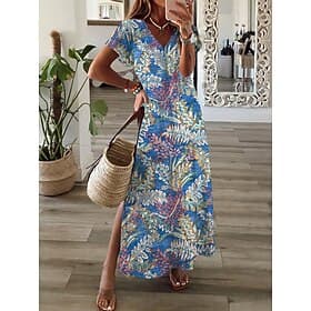 Women's Maxi Dress A Line Dress Casual Daily Regular Fit Floral Graphic Short Sleeve V Neck Blue Royal Blue Orange Green Summer Spring
