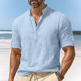 Men's Linen Shirt Popover Shirt Casual Shirt Beach Shirt Band Collar Shirt Plain Casual Beach Black White Pink Orange Long Sleeve Henley Spring Summer Summer
