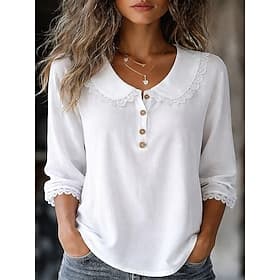 Damen Popover-Hemd Freizeithemd Bluse Spitze Knöpfe Einfarbig Urlaub Stilvoll Lässig Langarm Umlegekragen Normale Oberteile Täglich Strand Ferien Weiß Sommer F