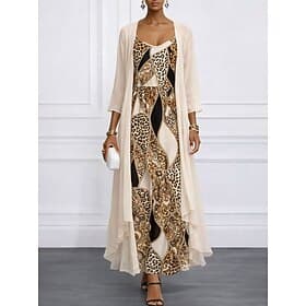 Femmes Robe Ensemble Robe trapèze Élégant Vacances Fleuri Graphique Superposé Imprimé Robe maxi Manche 3/4 Col en V Plage Formel Bleu Violet Beige Été Printemp