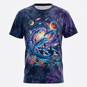 Retro 90s Cosmic Dolphin Orca Space Galaxy 3D Graphic T Shirt Mens Purple Tie Dye Marine Life Tee Clothing Apparel S M L XL XXL XXXL