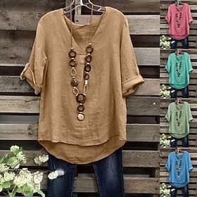 Women's Blouse Faux Linen Shirt Solid Color Stylish Casual Half Sleeve Crew Neck Regular Tops Daily Blue Light Green Pink Green Khaki Summer Spring