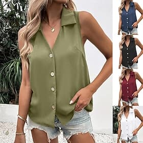Femmes Débardeur Boutons Couleur Unie Élégant Occasionnel Sans manches Col de chemise Hauts Réguliers Quotidien Noir Blanche Vin bleu marine Vert Été Printemps