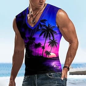 Men's Sunset T Shirt Sleeveless T shirt 3D Print V Neck Shirt Tropical Outdoor Vacation Hawaiian Blue Red Purple Summer Spring Clothing Apparel S M L XL XXL XX