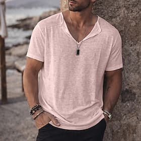 Herren T-Shirt Leinen-T-Shirt Kurzarm Kurze Ärmel V Ausschnitt Sommer Einfach Mode Designer Basic Weich Lässig Urlaub Straße Hellgrün Rosa Purpur Top T-Shirt f