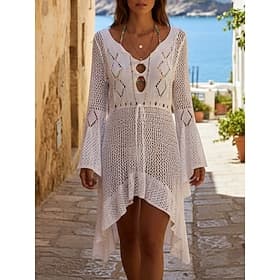 Dames Zwemkleding Bedekken Zwemjurk Zwempak Uitknippen Vakantie Strand Kleding Effen Kleur V-hals Lange mouw Badpakken