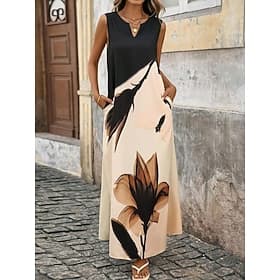 Femmes Robe maxi Robe d'Été Robe trapèze Fête Occasionnel Boho Fête Coupe régulière Fleuri Graphique Bloc de Couleur Sans manches Col en V Beige Été Printemps