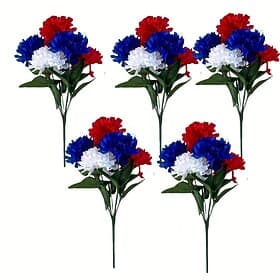 5 Packs Cemetery Flowers for Grave 7 Heads Artificial Red Blue White Lilac Patriotic Fake Silk Memorial Day Flowers for Cemetery Veterans Day 4th of July Decor