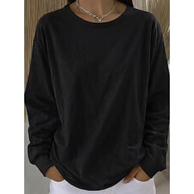 Women's 100% Cotton T Shirt Solid Color Vintage Stylish Classic Long Sleeve Crew Neck Regular Tops Daily Going out Black White Spring Fall