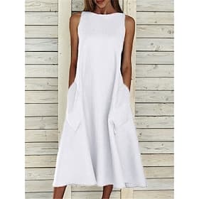 Women's Midi Dress Sleeveless Pockets Casual A-Line Silhouette Round Neckline White Summer Versatile Regular Fit Comfortable Lightweight Breathable Clothing Ap
