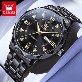 Olevs Automatikuhr für Herren, luxuriöse Business-Armbanduhr aus schwarzem Edelstahl mit automatischem Aufzug, Wochentags- und Datumsanzeige sowie Leuchtdiaman