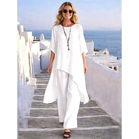 Women's Linen-feel Set Pants Sets Bolero Half Sleeve Crew Neck Solid Color Fashion Streetwear Casual Daily Outdoor Black White Wine Summer Regular Fit