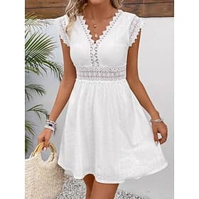Women's Midi Dress Lace Dress White Dress Eyelet Dress Elegant Fashion Modern Casual Daily Outdoor Regular Fit Plain Sleeveless V Neck Black White Summer Sprin