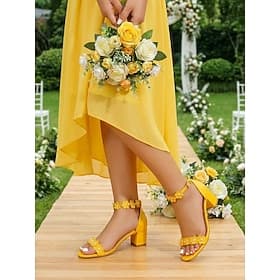 Women's Yellow Floral Block Heel Sandals – Elegant Bridesmaid Shoes for Garden Weddings