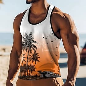 Men's Palm Tree Sunset Beach Hut Tropical Seagull Graphic Tank Top Vest Sleeveless Shirt U Neck Summer Beach Vacation Holiday Fashion Casual Sport Tee Clothing