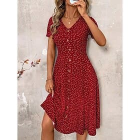 Damen Midikleid A Linie Kleid Urlaub Lässig Outdoor Ausgehen Normale Passform Tupfen Kurzarm V Ausschnitt Marineblau Schwarz Rot Grün Sommer Frühling