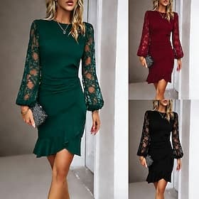 Femmes Mini Robe Robe fourreau Élégant Fête cocktail Extérieur Soirée robe demoiselle d honneur Dentelle Patchwork Coupe régulière Couleur Unie manche longue C