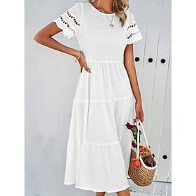 Femmes Robe Midi Robe Blanche Élégant Mode Moderne Extérieur Vacances Sortir Coupe régulière Uni Manche Courte Col ras du cou Noir Blanche Vert Véronèse Marron