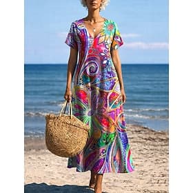 Women's Midi Dress Sundress A Line Dress Vacation Casual Boho Butterfly Sleeve Vacation Going out Regular Fit Floral Graphic Rainbow Short Sleeve Crewneck Blue