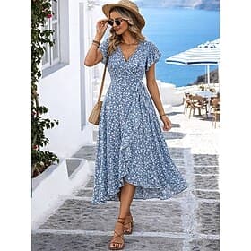 Damen Midikleid Wickelkleid A Linie Kleid Urlaub Lässig Outdoor Ausgehen Standard Passform Blumen Grafik Kurzarm V Ausschnitt Blau Sommer Frühling