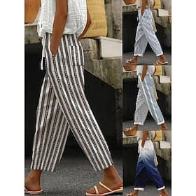 Femmes Pantalon effet lin Chinos Pantalon d'été Droit Mode Streetwear Occasionnel Longueur complète Taille haute Dégradé Rayure Avec Poches Ceinture Élastique
