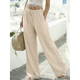Pantalon d'été 100% coton pour femme, coupe décontractée, longueur cheville, taille élastiquée naturelle, cordon de serrage élastique, coloris blanc laiteux, c
