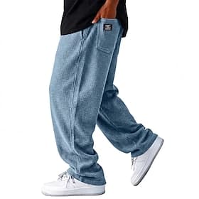 Men's Waffle Trousers Baggy Pants Casual Pants Waffle Pants Drawstring Pocket Straight Leg Solid Color Comfort Full Length Casual Daily Outdoor Vacation Fashio