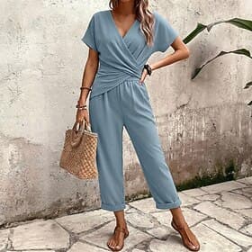 Women's Pants Sets Bolero Top Short Sleeve V Neck Plain Ruched Elegant Fashion Streetwear Casual Daily Outdoor Blue Khaki Beige Summer Regular Fit