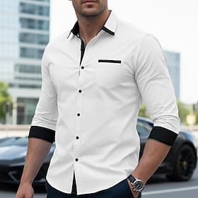 Herren Hemd Kleidhemd Durchgeknöpft Hemd Bügelfreies Hemd Knopfhemd Farbblock Täglich Hochzeit Hellblau Schwarz Weiß Hellgrün Langarm Umlegekragen Frühling Frü
