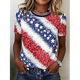 Jour de l'Indépendance Américaine Femmes T-shirt Imprimé Graphique Lettre Drapeau Américain ancien Élégant Classique Manche Courte Col ras du cou Hauts Régulie