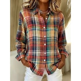 Femmes Chemise Faux coton lin Boutons Imprimé Plaid Bohème Actif ancien manche longue Col de chemise Hauts Réguliers Quotidien Fête Rouge Violet Printemps Auto